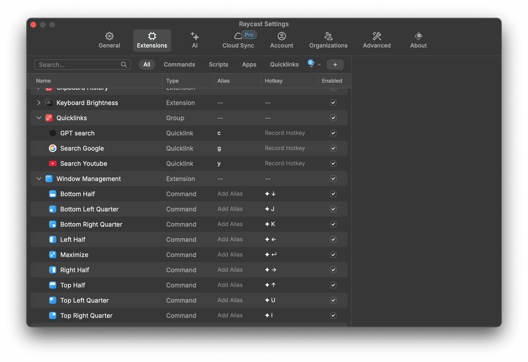 Raycast keyboard shortcuts